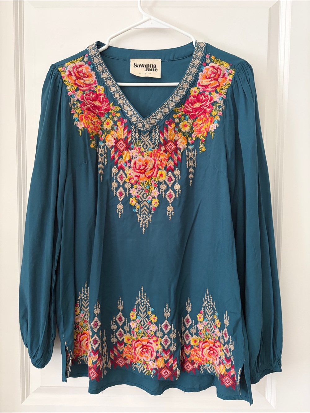 Savanna Jane Teal Floral Embroidered V-Neck Tunic